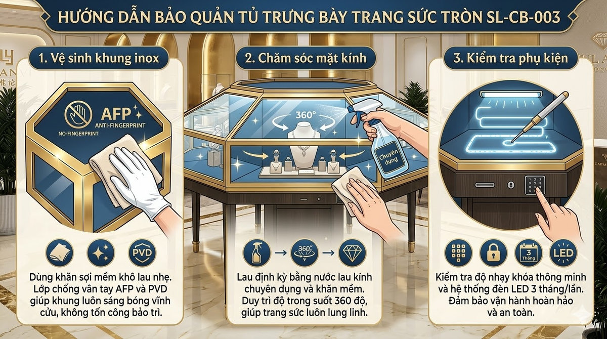 Bảo quản mẫu tủ trưng bày trang sức tròn SL-CB-003
