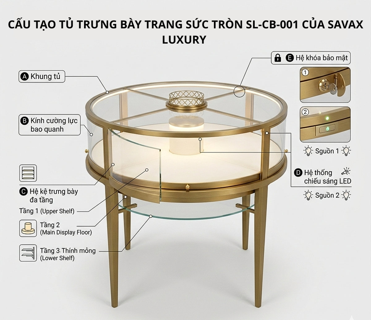 Mẫu tủ trưng bày trang sức tròn SL-CB-001 cao cấp