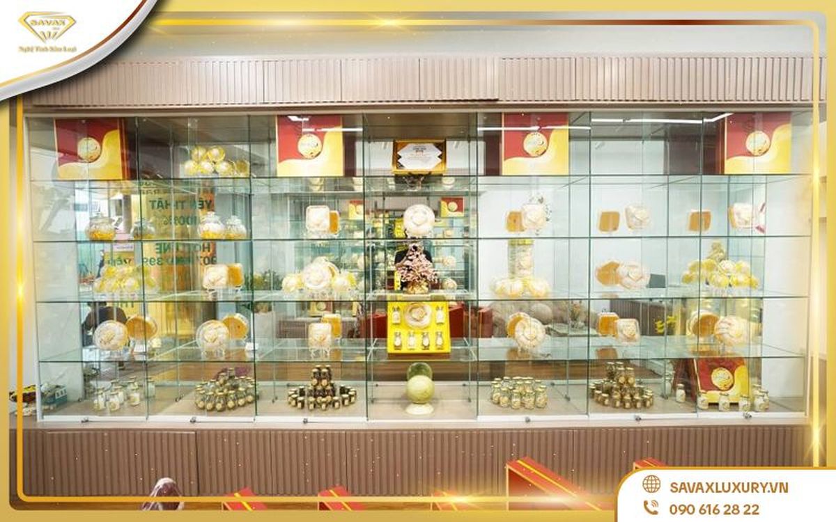 thiết kế tủ kính trưng bày yến quầy ngang