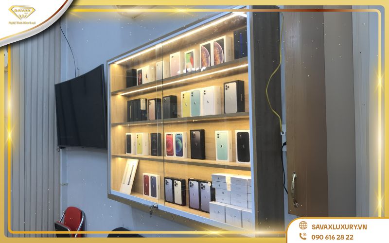 Kích thước tủ trưng bày điện thoại mini treo tường