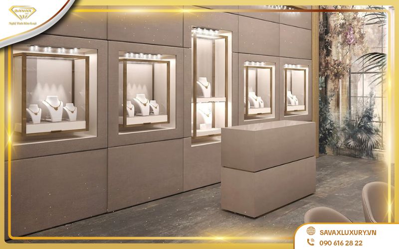 Mẫu tủ kệ trưng bày mỹ phẩm có đèn LED