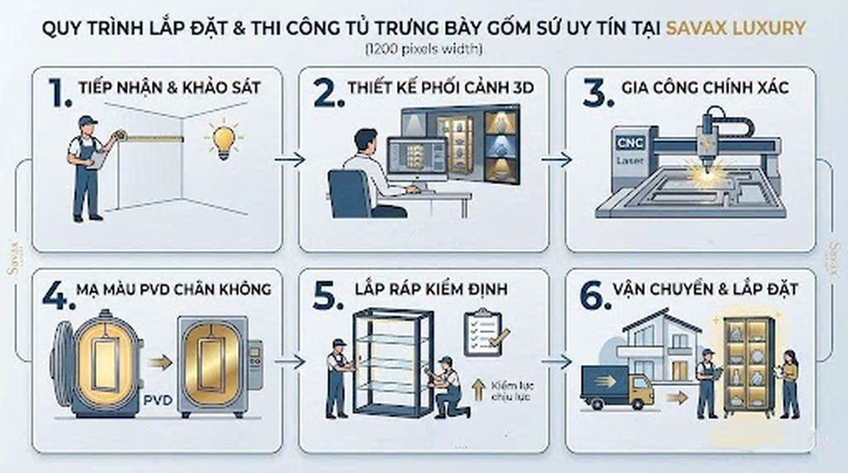 Quy trình tủ trưng bày đồ gốm sứ
