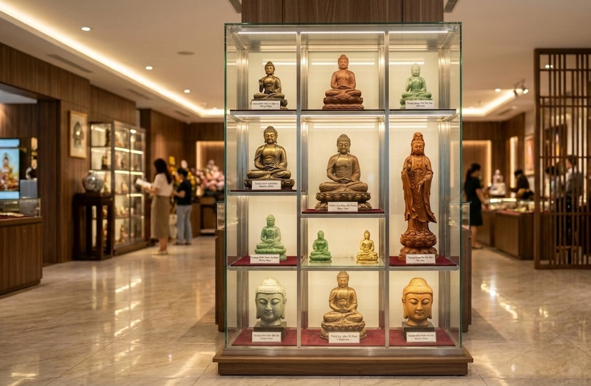 Tủ kính trưng bày tượng phật