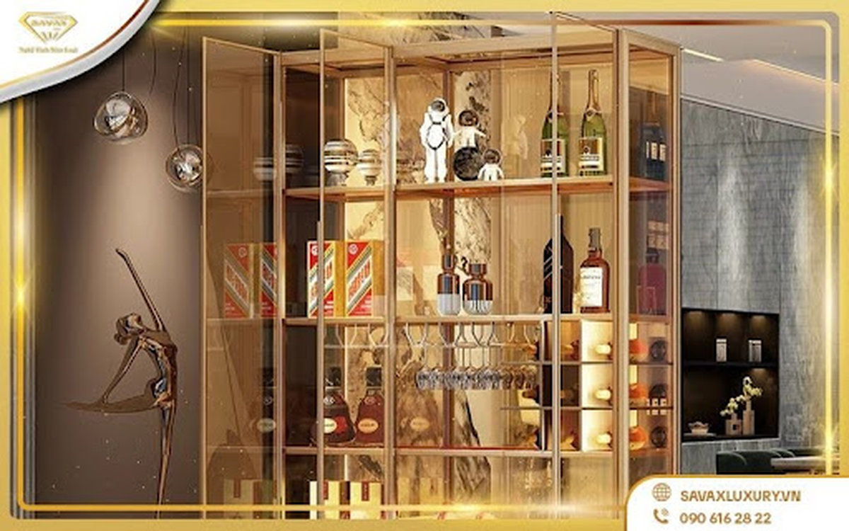 Tủ trưng bày inox mạ vàng hiện đại